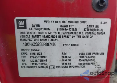 2005 Chevrolet Silverado 2500Hd Lt from USA, damaged, VIN 1GCHK23265F887405